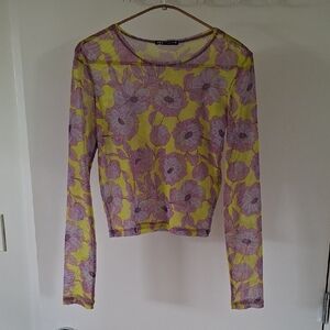 Zara Neon Green/Yellow & Purple Floral Sheer/Mesh Long-sleeve Shirt (Size S)